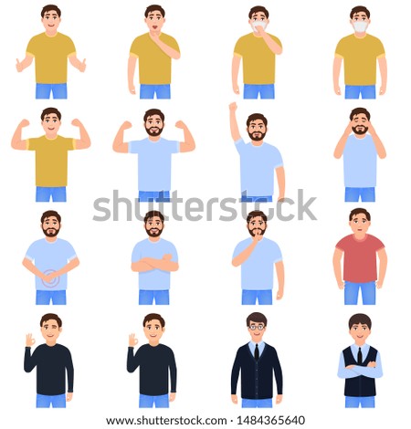 Men avatars icon set, guys with different moods, cartoon characters, people in everyday life vector illustration