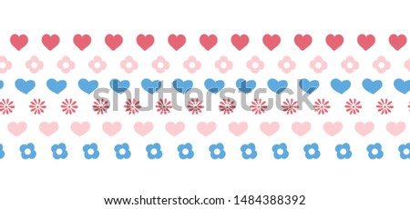 Seamless border with hearts and flowers. Hand drawn vector illustration. Folk art repeating border. Childish simple border in blue and pink