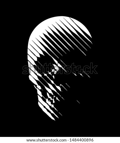 Vector skull line-art . Stylised human skull front view, made by diagonal lines. White lines on black background. Ideal logo graphic element.