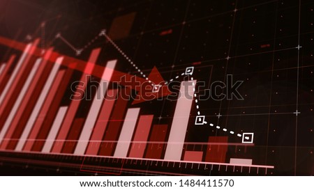 Beautiful 3D red bar graph fall down following the arrow. Royalty-Free Stock Photo #1484411570