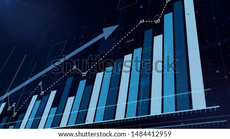 3D blue bar graph rising, sotck market informations Royalty-Free Stock Photo #1484412959