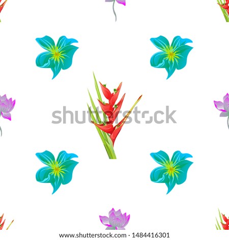 Purple Lotus. Red Heliconia Bihai. Green Plumeria. Vector illustration. Seamless background pattern. Floral botanical flower. Wild leaf wildflower isolated. Exotic tropical hawaiian jungle. Fabric.
