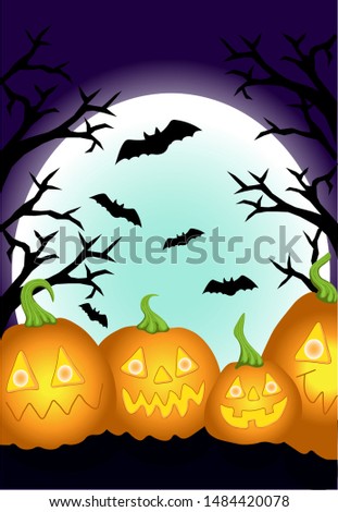 Four full moon pumpkins halloween, trees and bats greeting card for design and decoration vector illustration