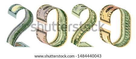 The inscription 2020 made of 100, 50, 20, 10 dollar banknotes 3D rendering. Isolated on white