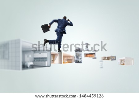 back view of black businessman running over different versions of interior against white background