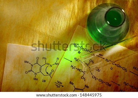 Green chemistry with reaction formula Royalty-Free Stock Photo #148445975