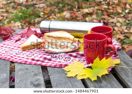 Autumn picnic, red cup with a thermos and sandwiches on a wooden table. Lunch for lovers Royalty-Free Stock Photo #1484467901