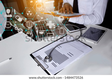 Doctor using digital tablet with medical network icon connection on modern virtual screen interface, medical technology networking concept.