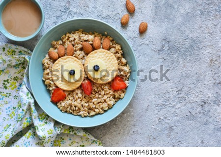 Owl bird - funny porridge for children. Breakfast for children.