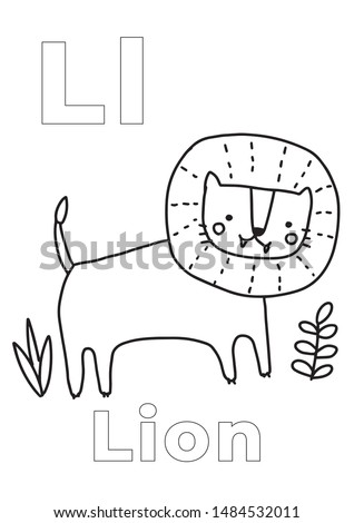 Kid coloring book, Coloring book (Lion), colorless alphabet for children: letter L