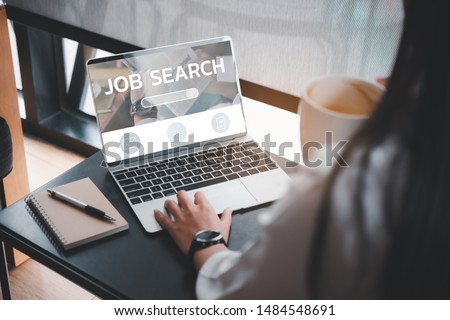 job search concept, find your career, woman looking at online website Royalty-Free Stock Photo #1484548691