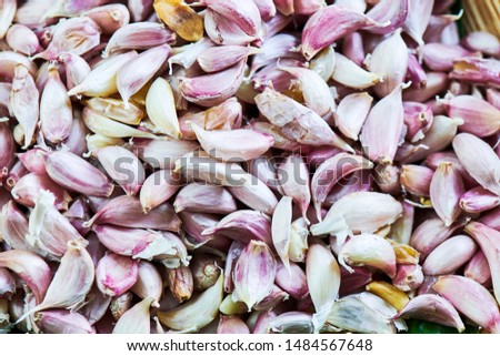 Group of garlic cloves. Raw garlic ingredient prepare before cooking.-Top view Image.