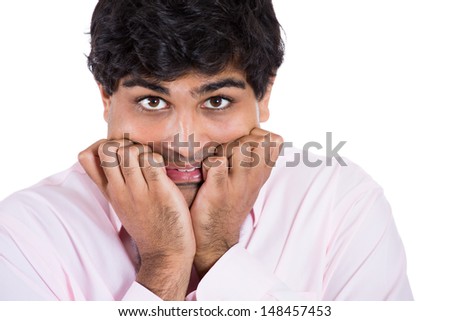 Closeup portrait of a scared and afraid man, isolated on white background