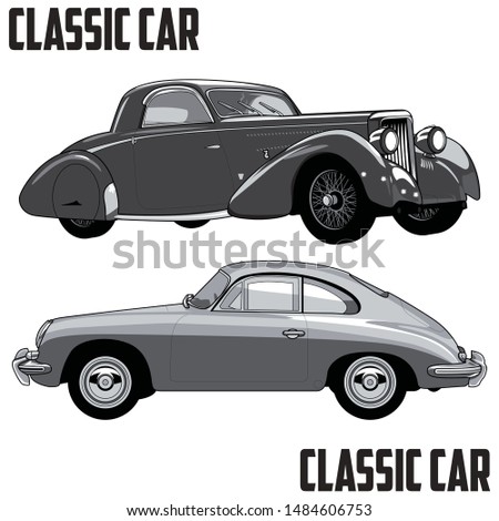 Antique / Vintage / Classic Motorcycle or Car vector image design set. Black and white vector illustration isolated on white background.