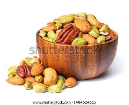 unsalted mixed nuts in the wooden bowl, isolated on white background Royalty-Free Stock Photo #1484624615