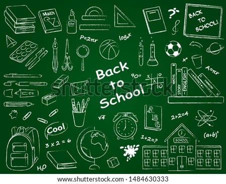 Vector set of monochrome school supplies and stationery. Bundle of accessories for lessons, items for education of smart pupils and students isolated on green background. Linear hand drawn illustratio