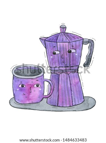 Watercolor hand drawn illustration of cute purple coffee pot and coffee mug.