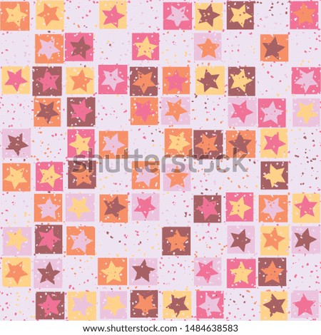 Seamless pattern. Five-pointed stars inscribed in irregular squares are arranged in torn rows against the background of the placement of small spots. The colors of the spring. Editable.