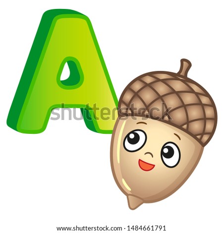 Vector bright illustrations alphabet with capital letters of the English and cute cartoon animals and things. Poster for kindergarten and shool. Cards for learning English. Letter A. Acorn
