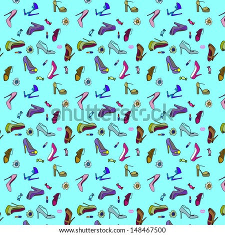 Illustration of a collection of various shoes on white background / seamless texture