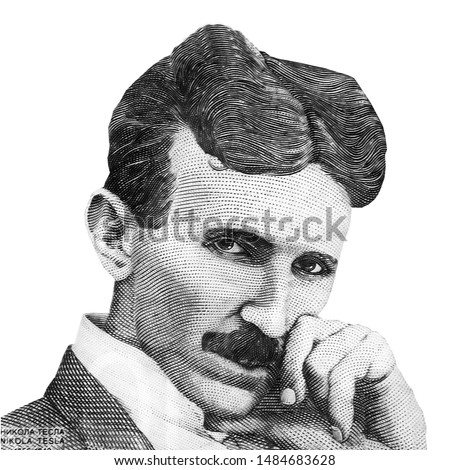 World famous inventor Nikola Tesla black and white portrait close up isolated on white background. Fragment of serbian banknote Royalty-Free Stock Photo #1484683628