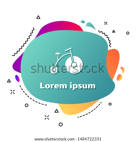 White Vintage bicycle with one big wheel and one small icon isolated on white background. Bike public transportation sign. Abstract banner with liquid shapes. Vector Illustration