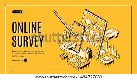 Online survey isometric web banner, stylus pen put mark on digital document checklist at tablet screen, customer questionnaire, feedback service internet technology. 3d vector landing page, line art Royalty-Free Stock Photo #1484727089