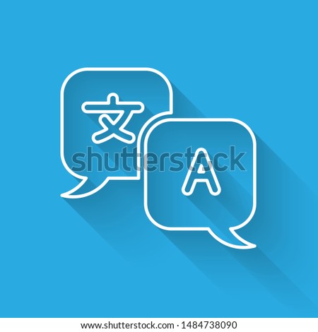 White line Translator icon isolated with long shadow. Foreign language conversation icons in chat speech bubble. Translating concept.  Vector Illustration