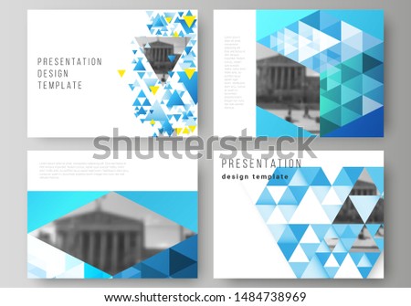 The minimalistic abstract vector illustration of the editable layout of the presentation slides design business templates. Blue color polygonal background with triangles, colorful mosaic pattern.