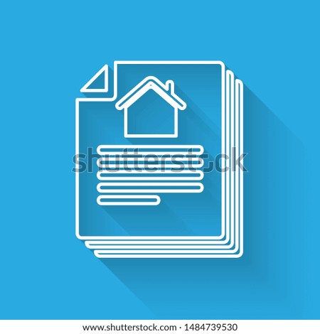 White line House contract icon isolated with long shadow. Contract creation service, document formation, application form composition.  Vector Illustration