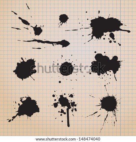 Drip splatter paint; grunge vector template with black paint ink splashes. 