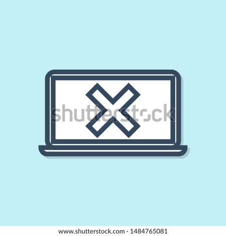 Blue line Laptop and cross mark on screen icon isolated on blue background. Error window, exit button, cancel, 404 error page not found concept.  Vector Illustration
