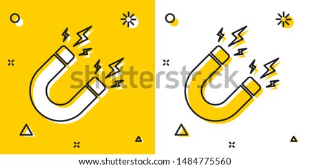 Black Magnet with lightning icon isolated on yellow and white background. Horseshoe magnet, magnetism, magnetize, attraction sign. Random dynamic shapes. Vector Illustration Royalty-Free Stock Photo #1484775560