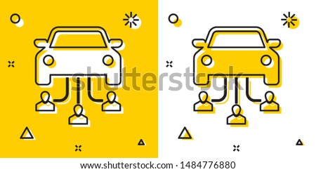 Black Car sharing with group of people icon isolated on yellow and white background. Carsharing sign. Transport renting service concept. Random dynamic shapes. Vector Illustration
