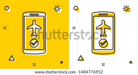 Black Flight mode in the mobile phone icon isolated on yellow and white background. Airplane or aeroplane flight offline mode passenger regulation airline . Random dynamic shapes. Vector Illustration