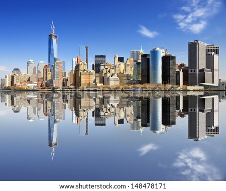 New York City at Lower Manhattan with reflections.