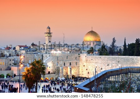 Skyline of the Old City at he Western Wall and Temple Mount in Jerusalem, Israel. Royalty-Free Stock Photo #148478255