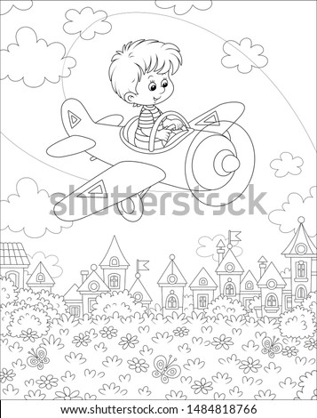 Little boy piloting his small toy plane among clouds in summer sky over a park near cute houses of a small town on a sunny day, black and white vector illustration in a cartoon style
