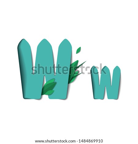 Vector paper cut letter W. Papercut effect isolated on white background. Decoration element with green leaves for birthday or greeting design.