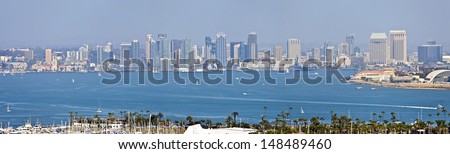 View of San Diego skyline hazy atmosphere from Point Loma Island California.