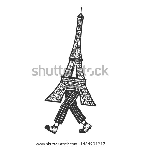 Eiffel Tower walks on its feet sketch engraving raster illustration. Scratch board style imitation. Black and white hand drawn image.