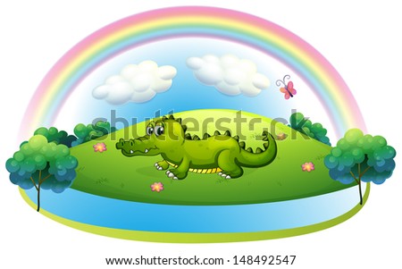 Illustration of an alligator at the hill with a rainbow on a white background