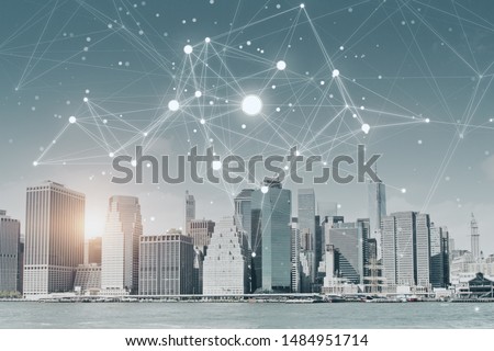 Creative New York city wallpaper with polygonal mesh. Communication and urban network concept. Double exposure  