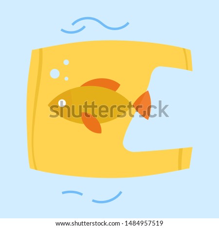 Fish catched into the plastic bag. Female eco activist holding a globe. Ecology conversation. Flat editable vector illustration, clip art