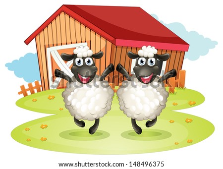 Illustration of the two black sheeps with a barn at the back on a white background