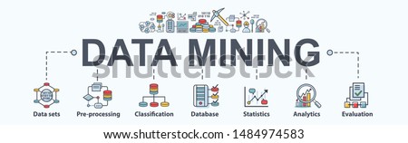 Data mining banner web icon for business and organization. Data set, process, classification, database, data analytic and evaluation. Minimal vector infographic. Royalty-Free Stock Photo #1484974583