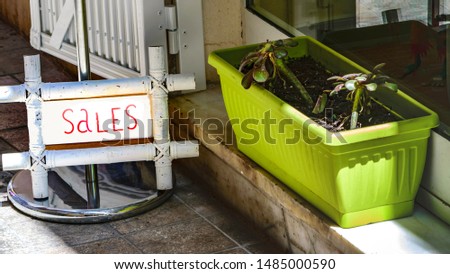 Trendy small sales sign in white bamboo frame sitting by a green plant pot with small green plants outside of a retail store window in a paved street.