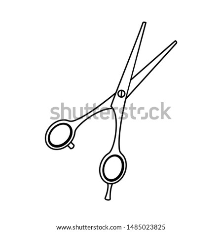 Line art black and white open scissors. Beauty salon tool. Hairdresser equipment vector illustration for icon, stamp, label, certificate, brochure, leaflet, poster, coupon or banner decoration