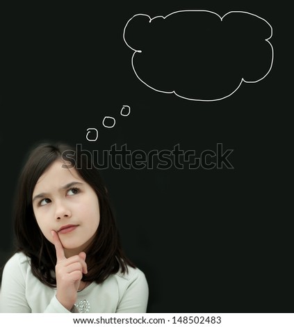 a brunette girl  in a black background with a bubble in a black chalkboard and thinking