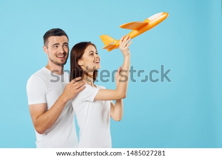 Man and woman airplane flight trip concept